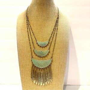 Lucky Brand Necklace gold multistrand layered w/ green enamel & hammered fringe